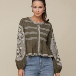 AVEC LES FILLES Olive Embroidered Cotton JACKET L